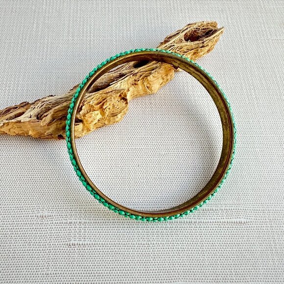 Vintage Brass Bangle with Green Metal Studs - Picture 5 of 8